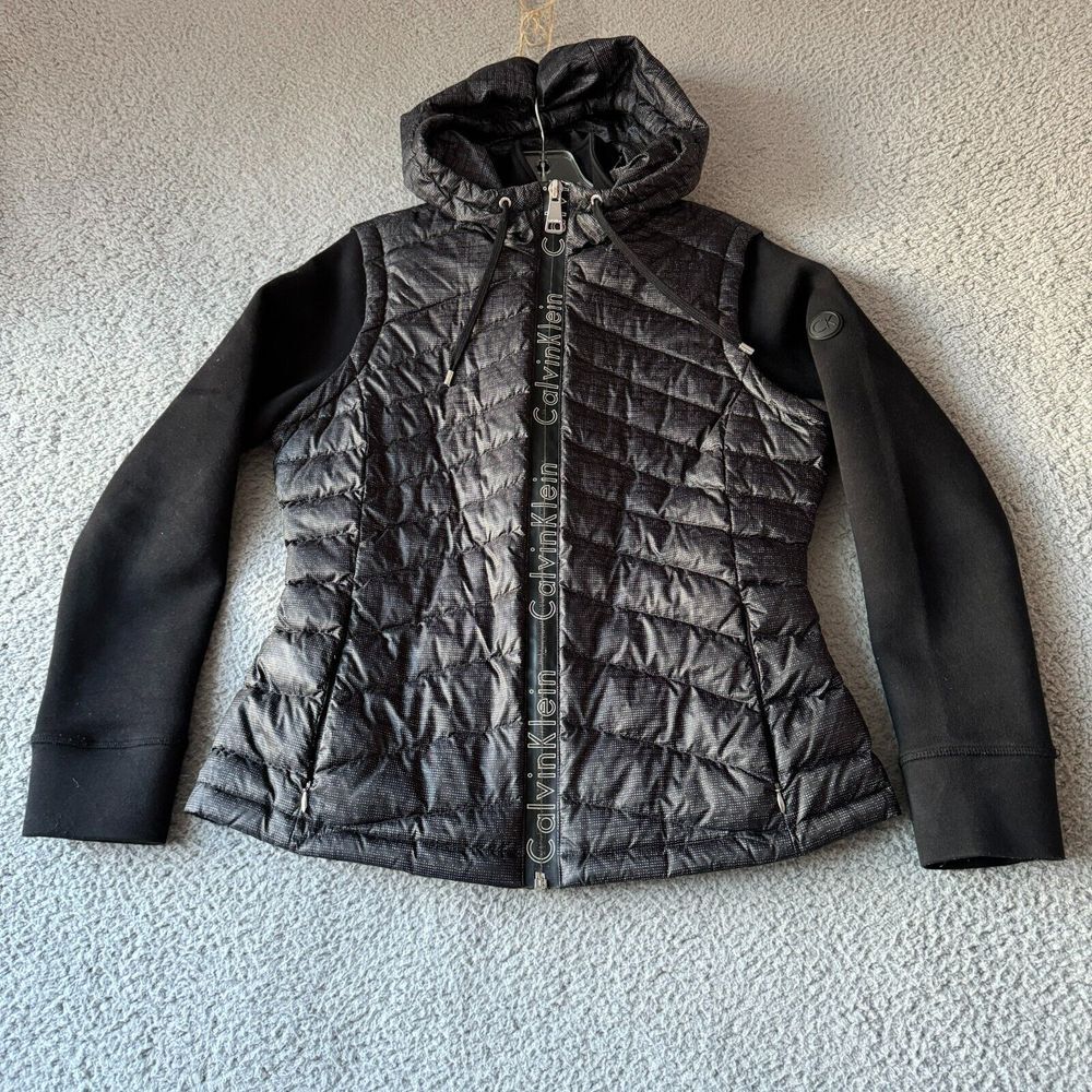 Calvin Klein Jacket Womens Medium Black Duck Down Puffer Quilted Hooded‎ Outdoor